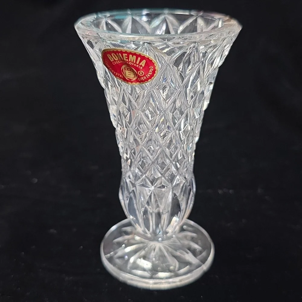 Miniature Footed Bohemia Crystal Bud Vase, Vintage 4